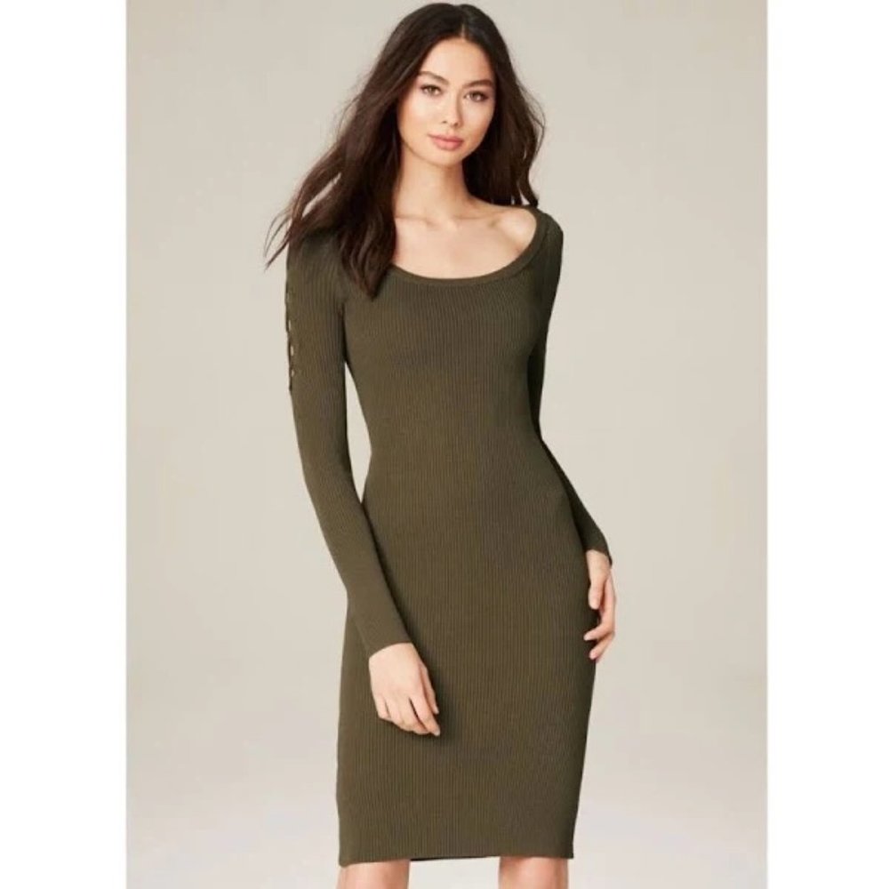 Nwt Bebe Lace Up Sleeve Olive Green Dress- SM- Green